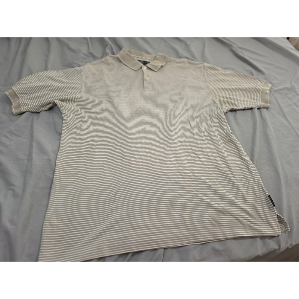 Nike Golf Dri-FIT Polo Shirt Mens Large Tan White Striped Short Sleeve Top